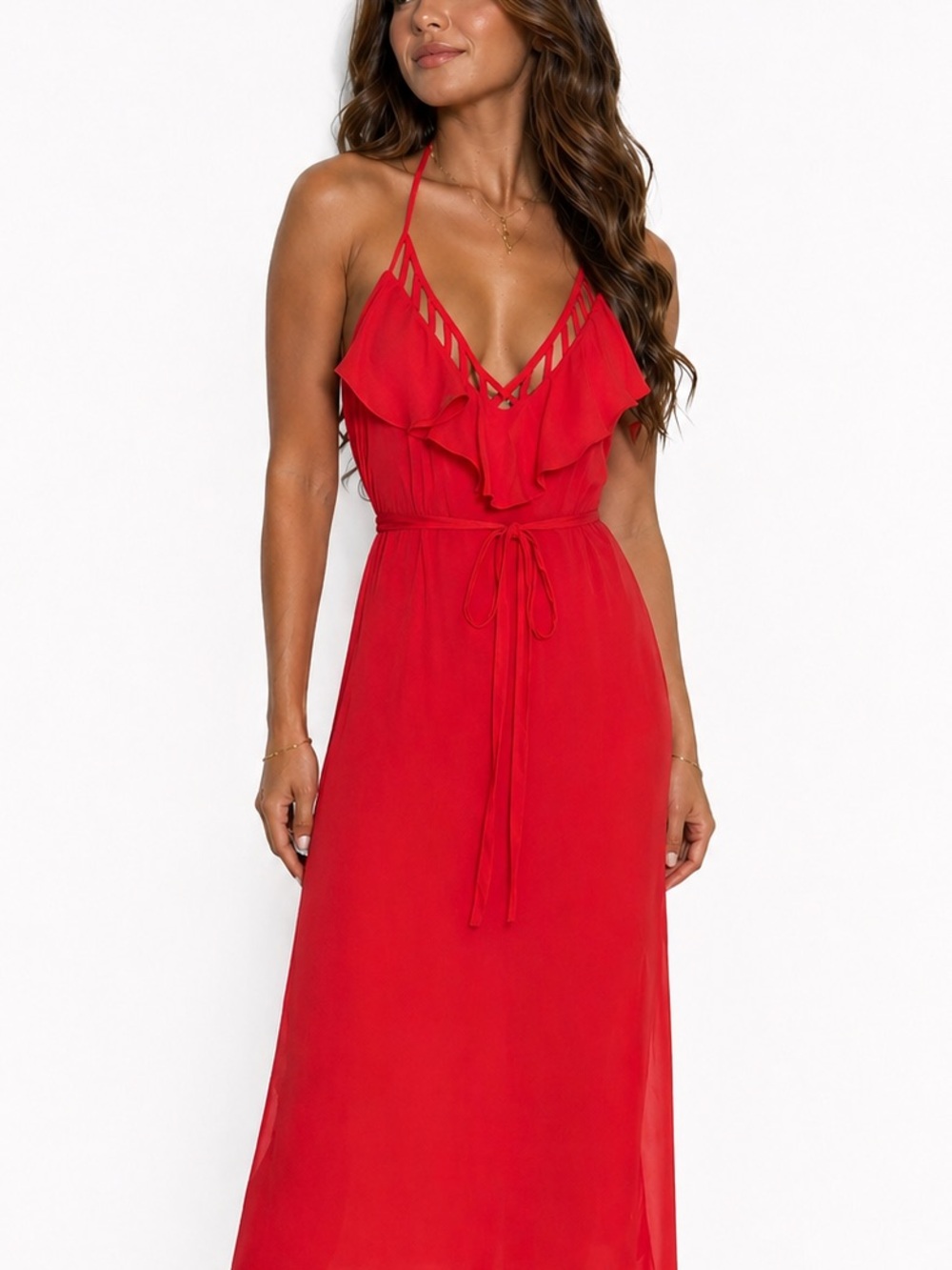 Rebecca Minkoff Red Halter Ruffle 100% Silk Midi Dress